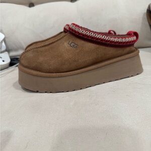 UGG Tan Platform Mules with Red Trim